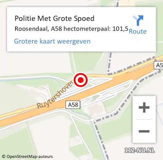 Locatie op kaart van de 112 melding: Politie Met Grote Spoed Naar Roosendaal, A58 hectometerpaal: 101,5 op 27 september 2023 07:49