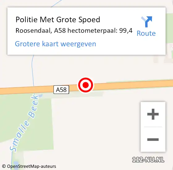 Locatie op kaart van de 112 melding: Politie Met Grote Spoed Naar Roosendaal, A58 hectometerpaal: 99,4 op 27 september 2023 07:49