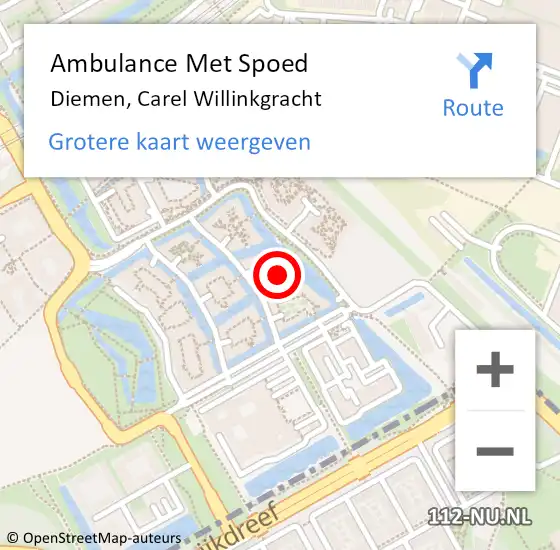 Locatie op kaart van de 112 melding: Ambulance Met Spoed Naar Diemen, Carel Willinkgracht op 27 september 2023 07:56