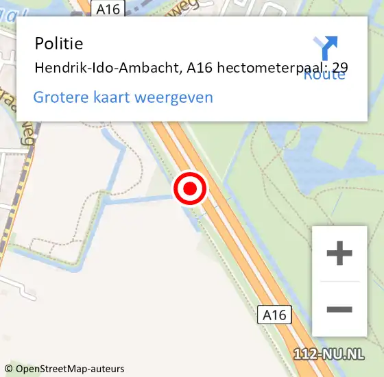 Locatie op kaart van de 112 melding: Politie Hendrik-Ido-Ambacht, A16 hectometerpaal: 29 op 27 september 2023 08:53