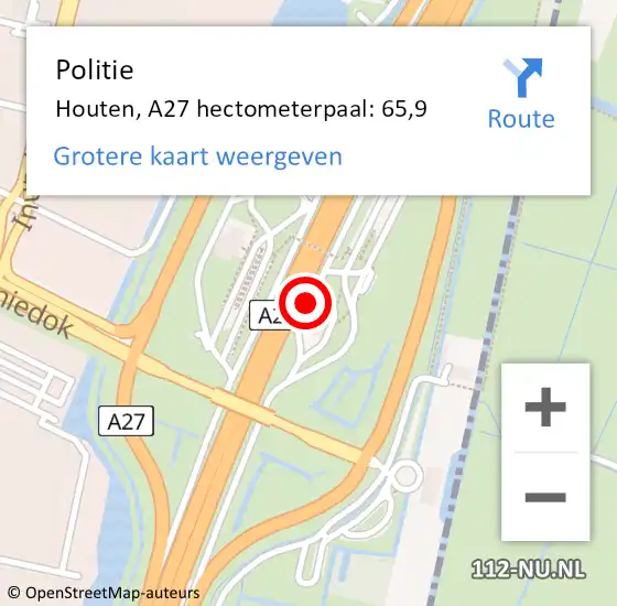 Locatie op kaart van de 112 melding: Politie Houten, A27 hectometerpaal: 65,9 op 27 september 2023 09:22