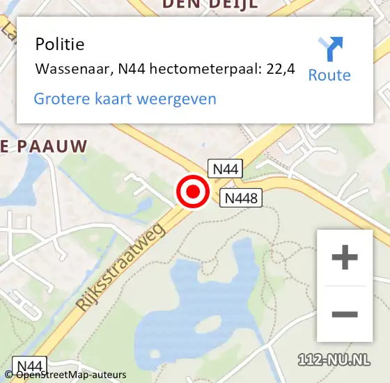 Locatie op kaart van de 112 melding: Politie Wassenaar, N44 hectometerpaal: 22,4 op 27 september 2023 09:39