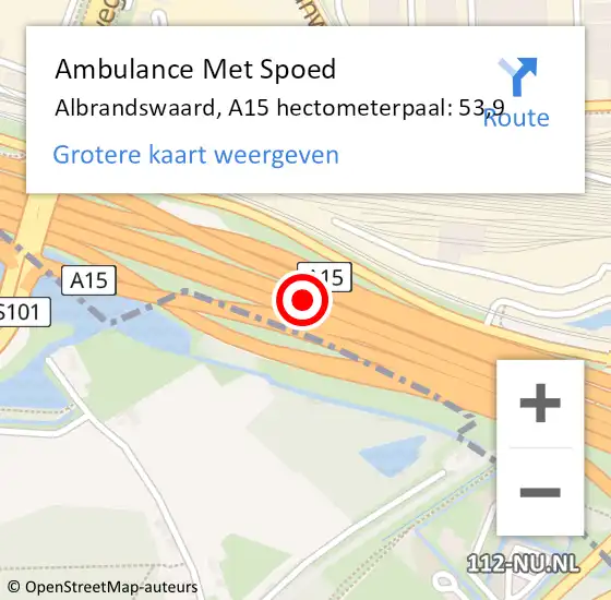 Locatie op kaart van de 112 melding: Ambulance Met Spoed Naar Albrandswaard, A15 hectometerpaal: 53,9 op 27 september 2023 10:26