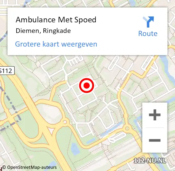Locatie op kaart van de 112 melding: Ambulance Met Spoed Naar Diemen, Ringkade op 27 september 2023 11:39