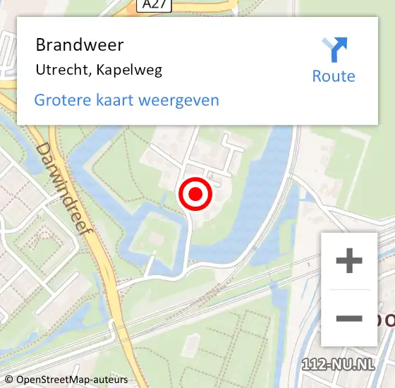 Locatie op kaart van de 112 melding: Brandweer Utrecht, Kapelweg op 27 september 2023 13:54