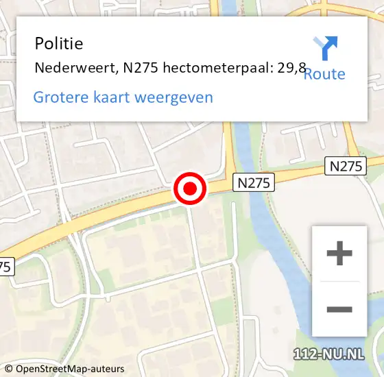 Locatie op kaart van de 112 melding: Politie Nederweert, N275 hectometerpaal: 29,8 op 27 september 2023 15:07