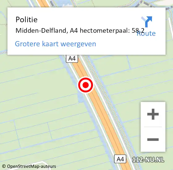 Locatie op kaart van de 112 melding: Politie Midden-Delfland, A4 hectometerpaal: 58,2 op 27 september 2023 15:08