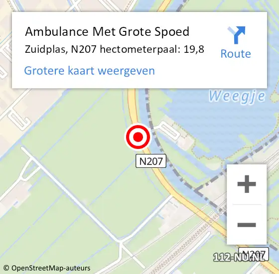Locatie op kaart van de 112 melding: Ambulance Met Grote Spoed Naar Zuidplas, N207 hectometerpaal: 19,8 op 27 september 2023 15:09
