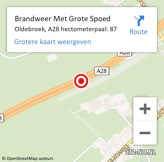 Locatie op kaart van de 112 melding: Brandweer Met Grote Spoed Naar Oldebroek, A28 hectometerpaal: 87 op 27 september 2023 15:13