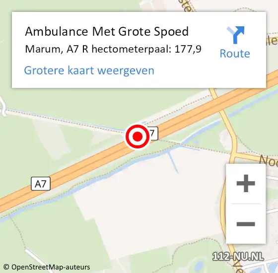 Locatie op kaart van de 112 melding: Ambulance Met Grote Spoed Naar Marum, A7 R hectometerpaal: 177,9 op 9 september 2014 16:13