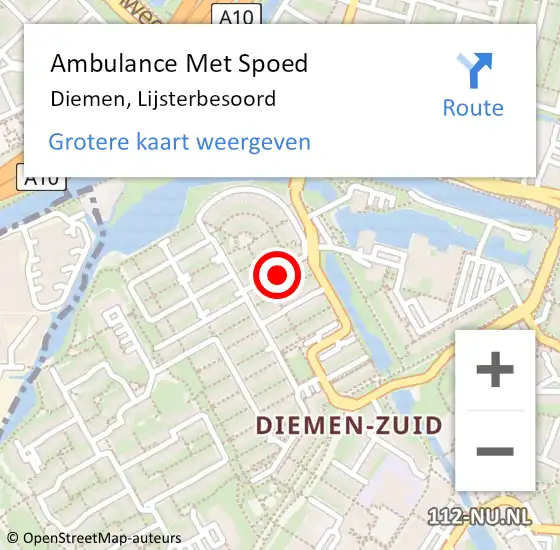 Locatie op kaart van de 112 melding: Ambulance Met Spoed Naar Diemen, Lijsterbesoord op 27 september 2023 15:52