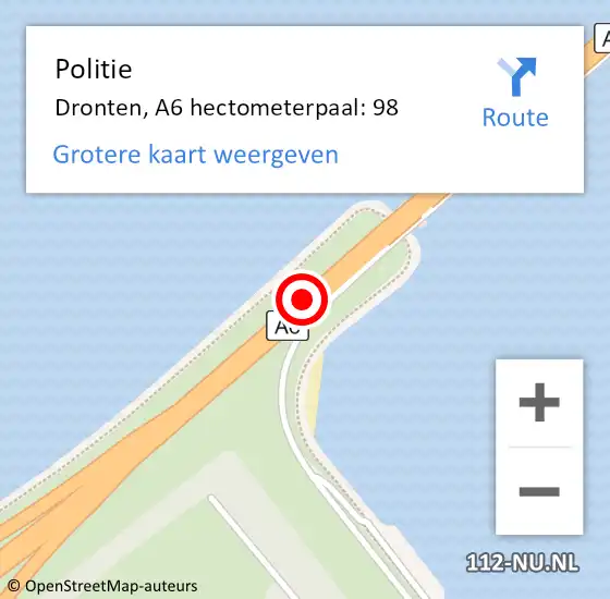 Locatie op kaart van de 112 melding: Politie Dronten, A6 hectometerpaal: 98 op 27 september 2023 16:11