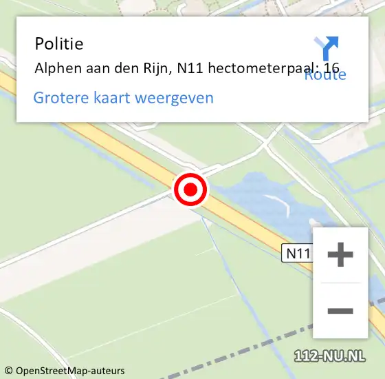 Locatie op kaart van de 112 melding: Politie Alphen aan den Rijn, N11 hectometerpaal: 16 op 27 september 2023 20:27