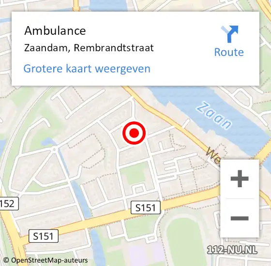 Locatie op kaart van de 112 melding: Ambulance Zaandam, Rembrandtstraat op 27 september 2023 21:53