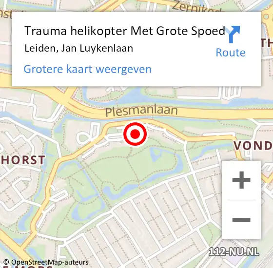 Locatie op kaart van de 112 melding: Trauma helikopter Met Grote Spoed Naar Leiden, Jan Luykenlaan op 28 september 2023 00:54