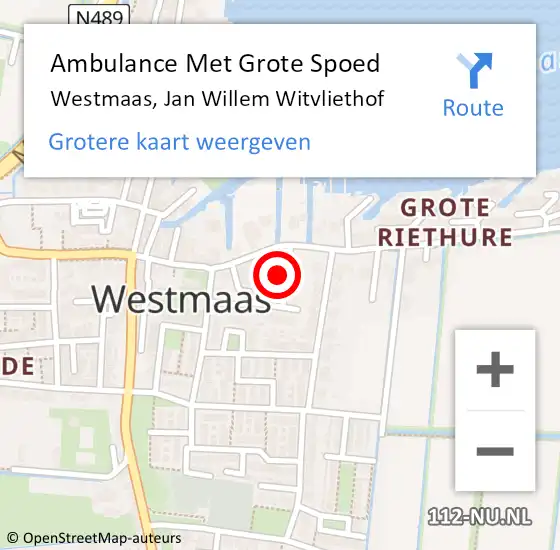 Locatie op kaart van de 112 melding: Ambulance Met Grote Spoed Naar Westmaas, Jan Willem Witvliethof op 28 september 2023 04:30