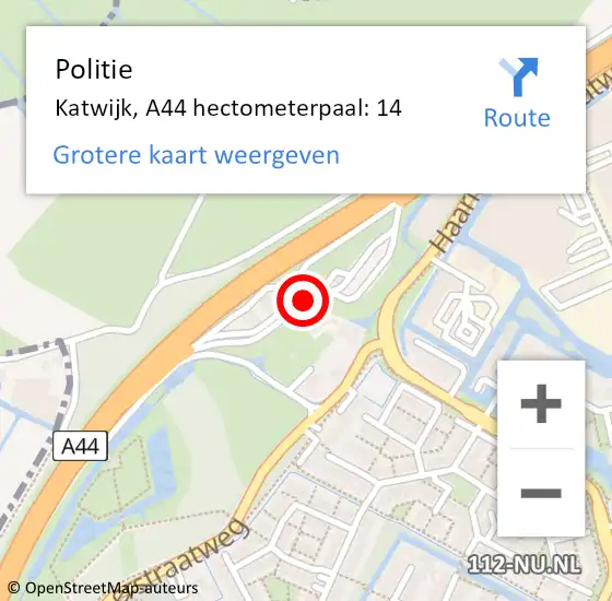 Locatie op kaart van de 112 melding: Politie Katwijk, A44 hectometerpaal: 14 op 28 september 2023 05:11