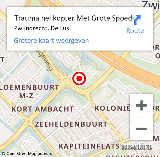 Locatie op kaart van de 112 melding: Trauma helikopter Met Grote Spoed Naar Zwijndrecht, De Lus op 28 september 2023 06:18