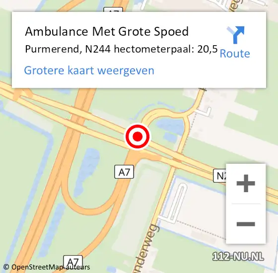 Locatie op kaart van de 112 melding: Ambulance Met Grote Spoed Naar Purmerend, N244 hectometerpaal: 20,5 op 28 september 2023 08:12