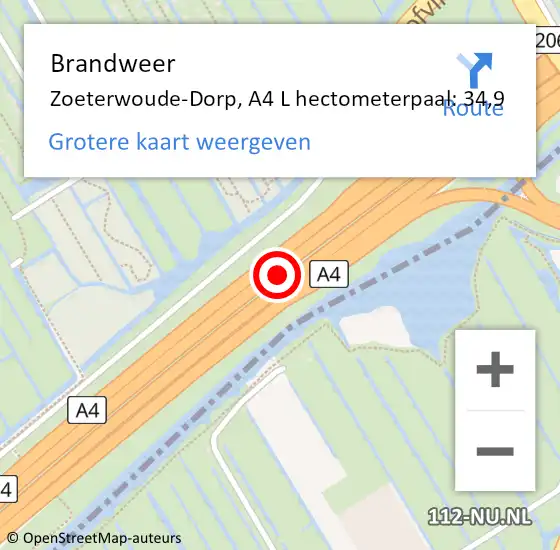 Locatie op kaart van de 112 melding: Brandweer Zoeterwoude-Dorp, A4 L hectometerpaal: 35,2 op 9 september 2014 17:18