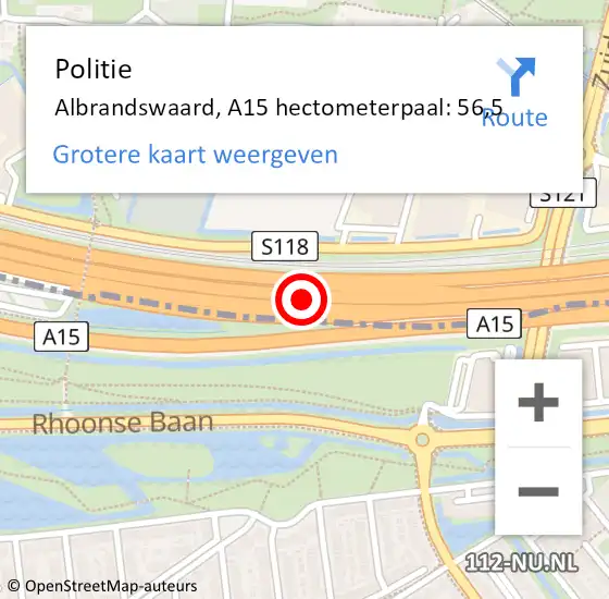 Locatie op kaart van de 112 melding: Politie Albrandswaard, A15 hectometerpaal: 56,5 op 28 september 2023 10:47