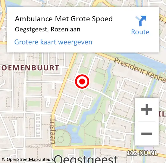 Locatie op kaart van de 112 melding: Ambulance Met Grote Spoed Naar Oegstgeest, Rozenlaan op 28 september 2023 10:51