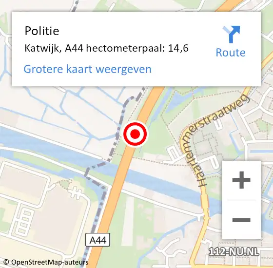 Locatie op kaart van de 112 melding: Politie Katwijk, A44 hectometerpaal: 14,6 op 28 september 2023 11:26