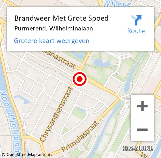 Locatie op kaart van de 112 melding: Brandweer Met Grote Spoed Naar Purmerend, Wilhelminalaan op 28 september 2023 13:15