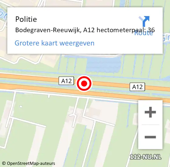 Locatie op kaart van de 112 melding: Politie Bodegraven-Reeuwijk, A12 hectometerpaal: 36 op 28 september 2023 17:23