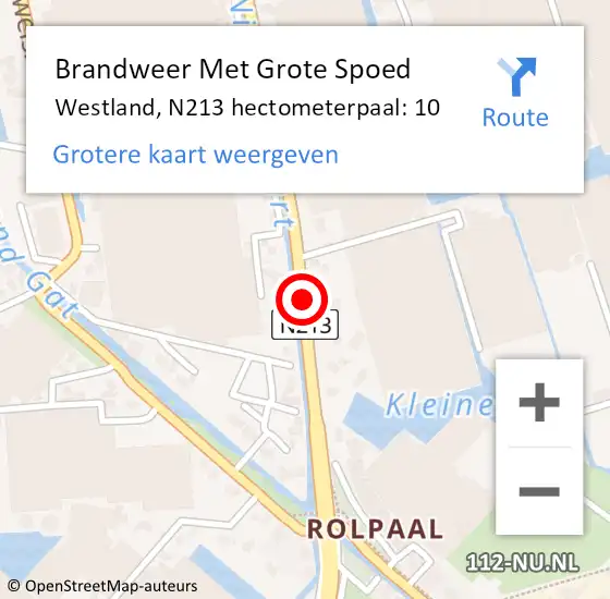 Locatie op kaart van de 112 melding: Brandweer Met Grote Spoed Naar Westland, N213 hectometerpaal: 10 op 28 september 2023 17:26