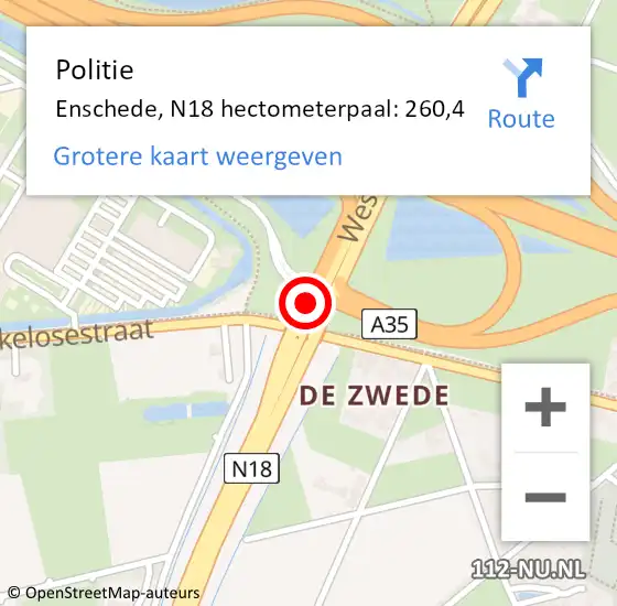 Locatie op kaart van de 112 melding: Politie Enschede, N18 hectometerpaal: 260,4 op 28 september 2023 17:53