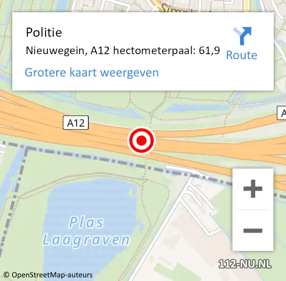 Locatie op kaart van de 112 melding: Politie Nieuwegein, A12 hectometerpaal: 61,9 op 28 september 2023 17:53