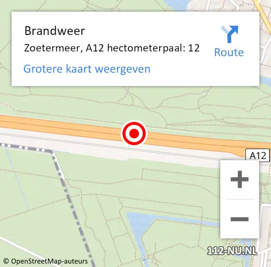 Locatie op kaart van de 112 melding: Brandweer Zoetermeer, A12 hectometerpaal: 12 op 28 september 2023 19:59