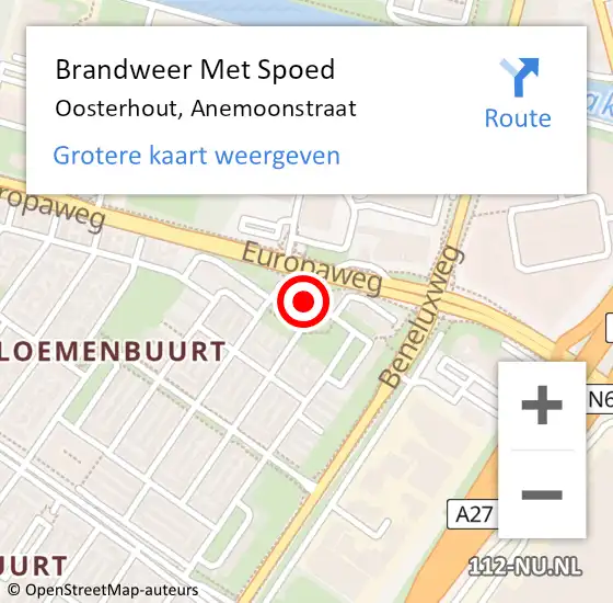 Locatie op kaart van de 112 melding: Brandweer Met Spoed Naar Oosterhout, Anemoonstraat op 28 september 2023 20:42