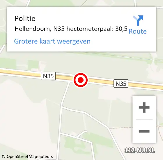Locatie op kaart van de 112 melding: Politie Hellendoorn, N35 hectometerpaal: 30,5 op 28 september 2023 21:03
