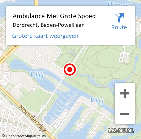 Locatie op kaart van de 112 melding: Ambulance Met Grote Spoed Naar Dordrecht, Baden-Powelllaan op 28 september 2023 22:22