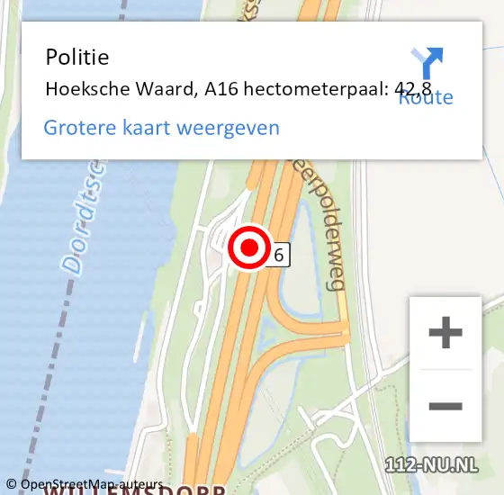 Locatie op kaart van de 112 melding: Politie Hoeksche Waard, A16 hectometerpaal: 42,8 op 28 september 2023 22:27