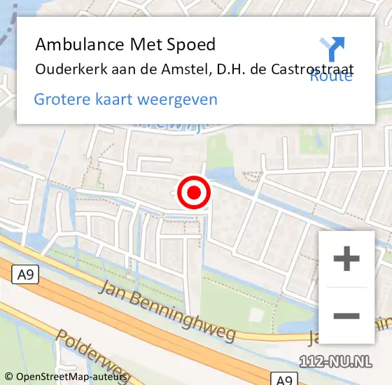 Locatie op kaart van de 112 melding: Ambulance Met Spoed Naar Ouderkerk aan de Amstel, D.H. de Castrostraat op 28 september 2023 22:59