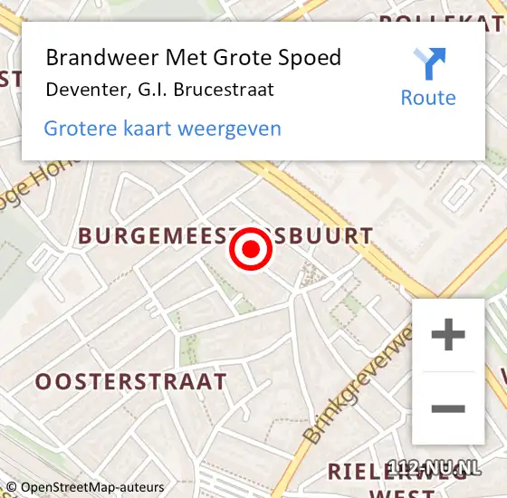 Locatie op kaart van de 112 melding: Brandweer Met Grote Spoed Naar Deventer, G.I. Brucestraat op 29 september 2023 04:41