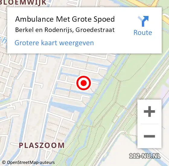 Locatie op kaart van de 112 melding: Ambulance Met Grote Spoed Naar Berkel en Rodenrijs, Groedestraat op 29 september 2023 07:06