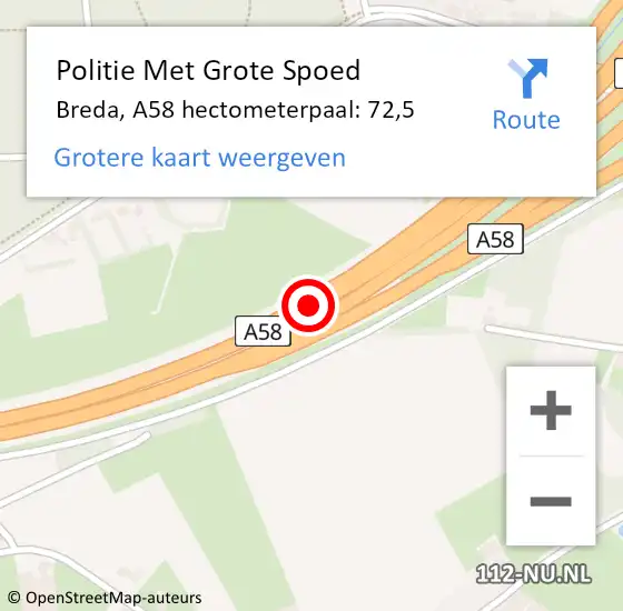 Locatie op kaart van de 112 melding: Politie Met Grote Spoed Naar Breda, A58 hectometerpaal: 72,5 op 29 september 2023 09:24