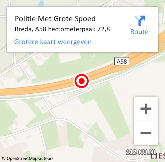 Locatie op kaart van de 112 melding: Politie Met Grote Spoed Naar Breda, A58 hectometerpaal: 72,8 op 29 september 2023 09:24