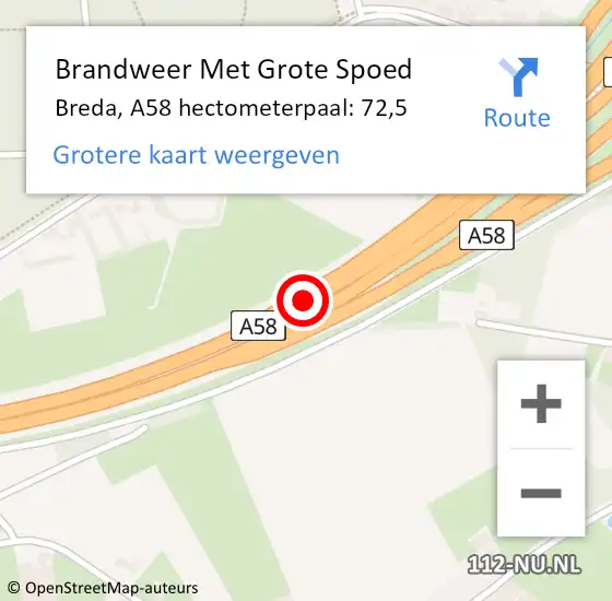 Locatie op kaart van de 112 melding: Brandweer Met Grote Spoed Naar Breda, A58 hectometerpaal: 72,5 op 29 september 2023 09:24