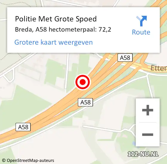 Locatie op kaart van de 112 melding: Politie Met Grote Spoed Naar Breda, A58 hectometerpaal: 72,2 op 29 september 2023 09:26