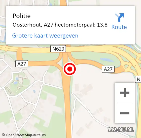 Locatie op kaart van de 112 melding: Politie Oosterhout, A27 hectometerpaal: 13,8 op 29 september 2023 09:54