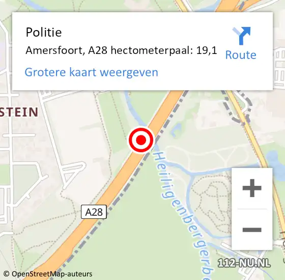 Locatie op kaart van de 112 melding: Politie Amersfoort, A28 hectometerpaal: 19,1 op 29 september 2023 10:44