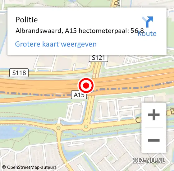 Locatie op kaart van de 112 melding: Politie Albrandswaard, A15 hectometerpaal: 56,8 op 29 september 2023 13:43