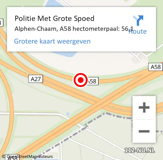 Locatie op kaart van de 112 melding: Politie Met Grote Spoed Naar Alphen-Chaam, A58 hectometerpaal: 56,1 op 29 september 2023 14:05