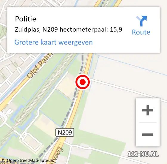 Locatie op kaart van de 112 melding: Politie Zuidplas, N209 hectometerpaal: 15,9 op 29 september 2023 15:20