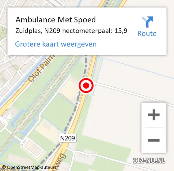 Locatie op kaart van de 112 melding: Ambulance Met Spoed Naar Zuidplas, N209 hectometerpaal: 15,9 op 29 september 2023 15:25